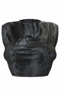 Hot PrettyLittleThing Shape Faux Leather Croc Printed Cut Out Top Black