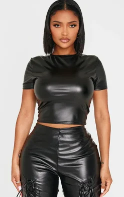 Hot PrettyLittleThing Shape Faux Leather Top Black