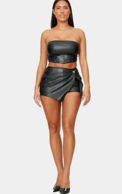 New PrettyLittleThing Shape Faux Leather Wrap Front Skort Black