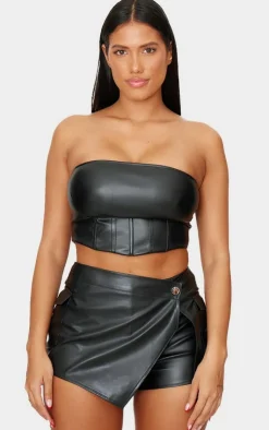 New PrettyLittleThing Shape Faux Leather Wrap Front Skort Black
