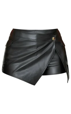 New PrettyLittleThing Shape Faux Leather Wrap Front Skort Black