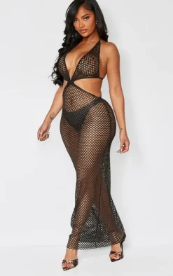 Shape Fishnet Halterneck Knot Front Maxi Dress-PrettyLittleThing Online