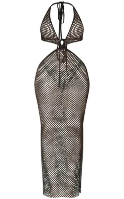 Shape Fishnet Halterneck Knot Front Maxi Dress-PrettyLittleThing Online