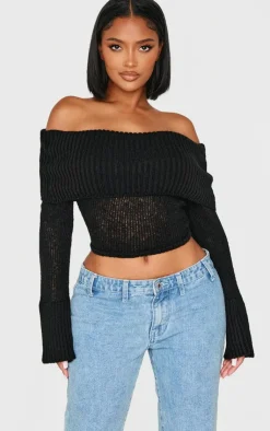Discount PrettyLittleThing Shape Fold Over Knitted Top Black