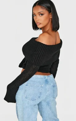 Discount PrettyLittleThing Shape Fold Over Knitted Top Black