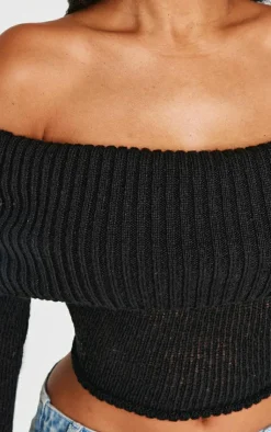 Discount PrettyLittleThing Shape Fold Over Knitted Top Black
