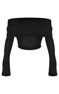 Discount PrettyLittleThing Shape Fold Over Knitted Top Black