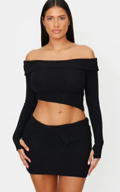 Discount PrettyLittleThing Shape Fold Over Ribbed Mini Skirt Black