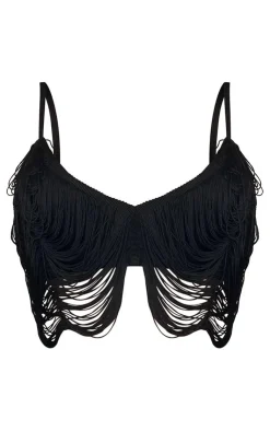 Sale PrettyLittleThing Shape Fringe Bralet Black