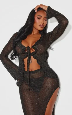 PrettyLittleThing Shape Glitter Knit Ruffle Top Black