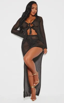PrettyLittleThing Shape Glitter Knit Ruffle Top Black