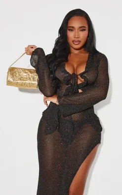 PrettyLittleThing Shape Glitter Knit Ruffle Top Black