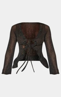PrettyLittleThing Shape Glitter Knit Ruffle Top Black