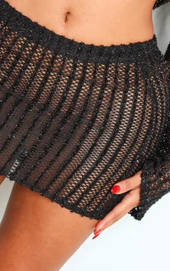 Online PrettyLittleThing Shape Glitter Textured Mini Skirt Black