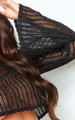 Outlet PrettyLittleThing Shape Glitter Textured Long Sleeve Crop Top Black