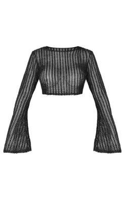 Outlet PrettyLittleThing Shape Glitter Textured Long Sleeve Crop Top Black