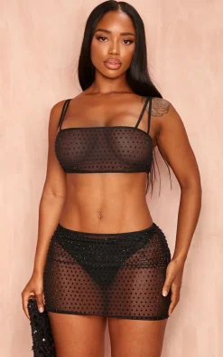 Online PrettyLittleThing Shape Hot Fix Low Rise Micro Mini Skirt Black