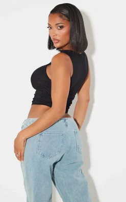 PrettyLittleThing Shape Jersey Ruched Side Sleeveless Crop Top Black