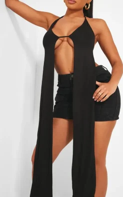 Outlet PrettyLittleThing Shape Jersey Strappy Halterneck Long Top Black