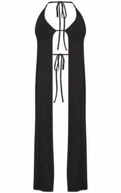 Outlet PrettyLittleThing Shape Jersey Strappy Halterneck Long Top Black