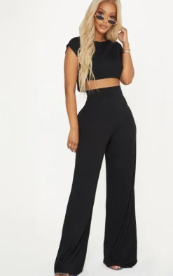 Discount PrettyLittleThing Shape Jersey Wide Leg Pants Black