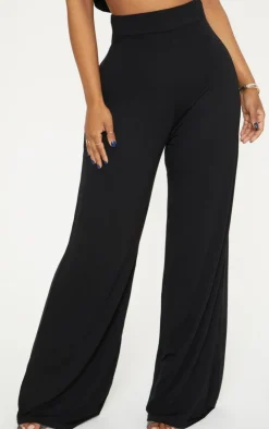Discount PrettyLittleThing Shape Jersey Wide Leg Pants Black
