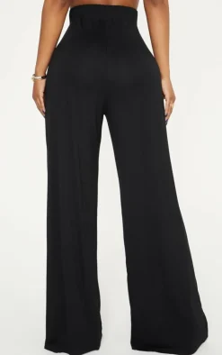 Discount PrettyLittleThing Shape Jersey Wide Leg Pants Black