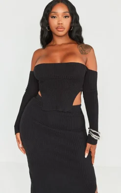 Outlet PrettyLittleThing Shape Knit Bardot Split Side Top Black