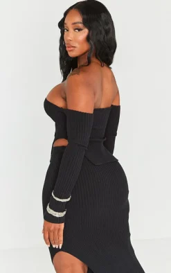 Outlet PrettyLittleThing Shape Knit Bardot Split Side Top Black