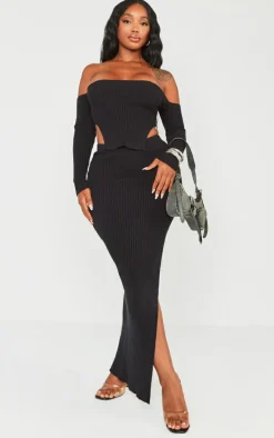 Outlet PrettyLittleThing Shape Knit Bardot Split Side Top Black