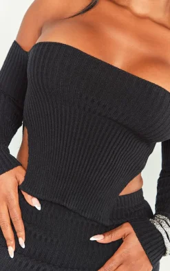 Outlet PrettyLittleThing Shape Knit Bardot Split Side Top Black