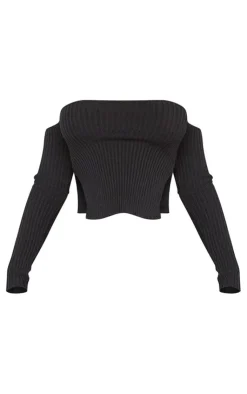 Outlet PrettyLittleThing Shape Knit Bardot Split Side Top Black