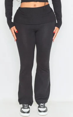 New PrettyLittleThing Shape Knit High Waist Foldover Waist Leggings Black