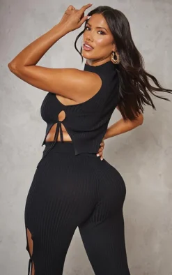 Best PrettyLittleThing Shape Knit Tie Side High Neck Crop Top Black