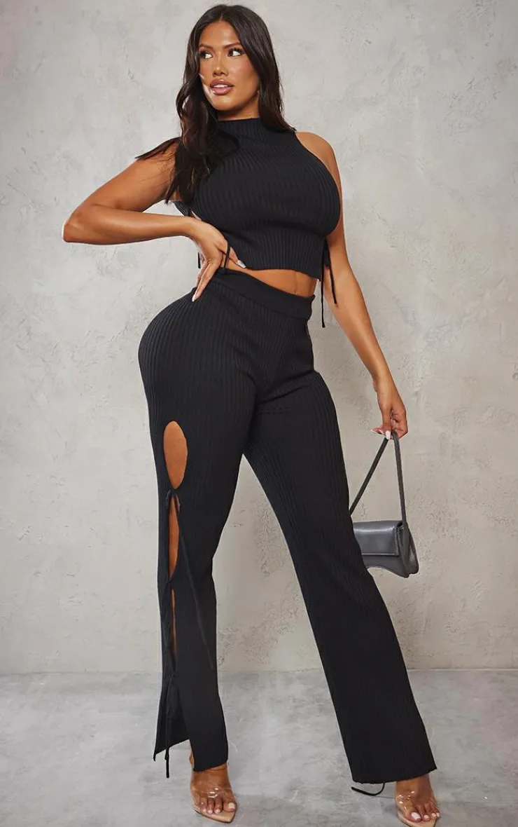 Best PrettyLittleThing Shape Knit Tie Side High Neck Crop Top Black