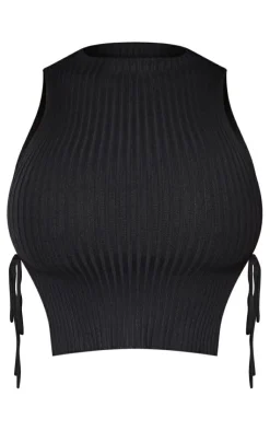 Best PrettyLittleThing Shape Knit Tie Side High Neck Crop Top Black