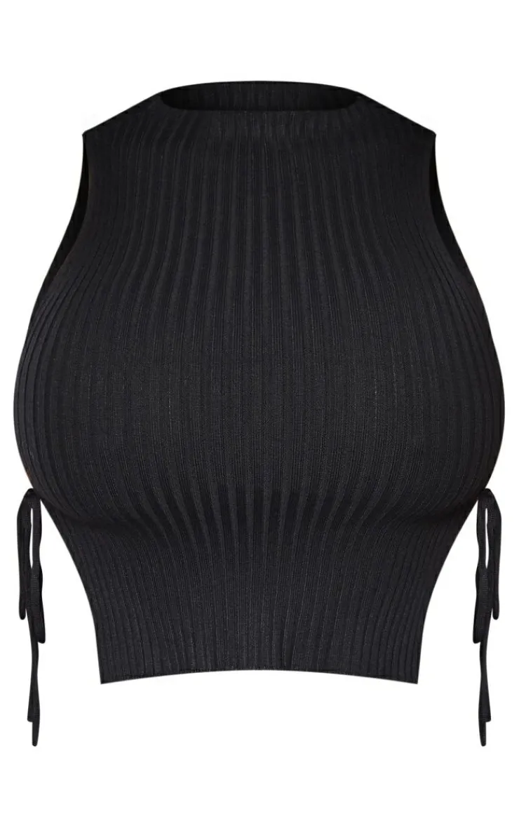 Best PrettyLittleThing Shape Knit Tie Side High Neck Crop Top Black