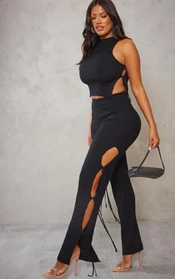 Discount PrettyLittleThing Shape Knit Tie Side Flared Pants Black