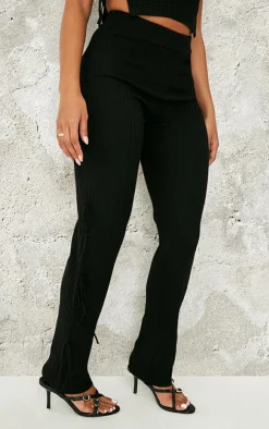 Discount PrettyLittleThing Shape Knit Tie Side Flared Pants Black