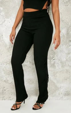 Discount PrettyLittleThing Shape Knit Tie Side Flared Pants Black