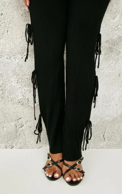 Discount PrettyLittleThing Shape Knit Tie Side Flared Pants Black
