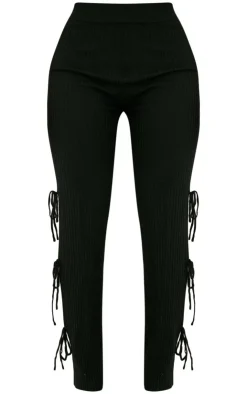 Discount PrettyLittleThing Shape Knit Tie Side Flared Pants Black