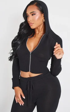 New PrettyLittleThing Shape Knitted Zip Through Jacket Black