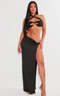 Online PrettyLittleThing Shape Knot Side Maxi Skirt Black