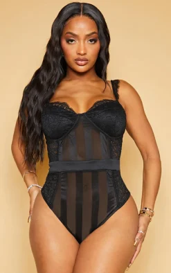 Shape Black Lace Mesh Stripe Bodysuit