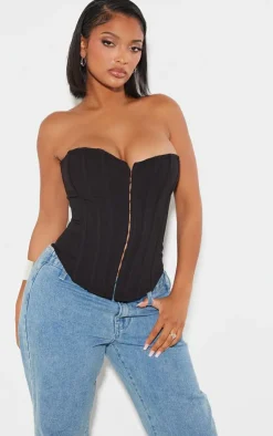 Online PrettyLittleThing Shape Lace Up Back Woven Corset Black