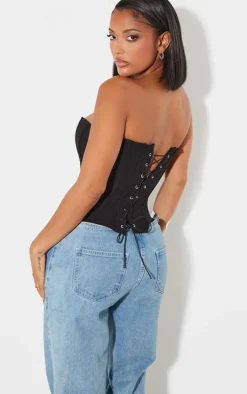 Online PrettyLittleThing Shape Lace Up Back Woven Corset Black