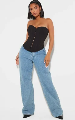 Online PrettyLittleThing Shape Lace Up Back Woven Corset Black