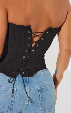 Online PrettyLittleThing Shape Lace Up Back Woven Corset Black