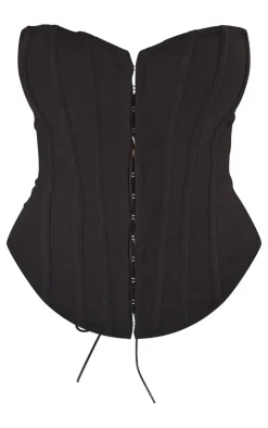 Online PrettyLittleThing Shape Lace Up Back Woven Corset Black